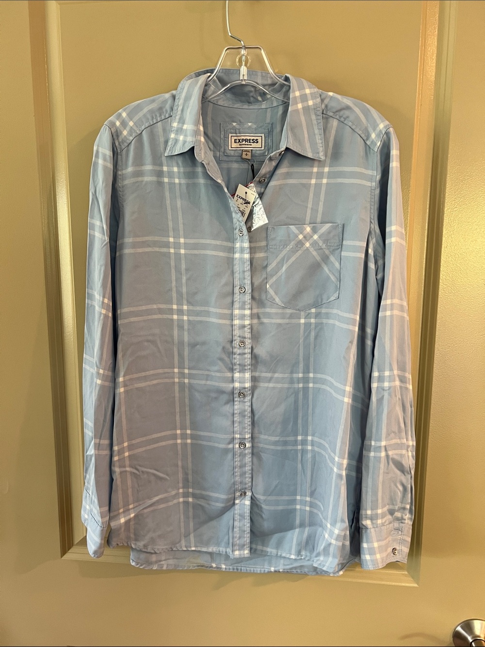 Express Women’s Light Blue and White Plaid Button-Down Shirt